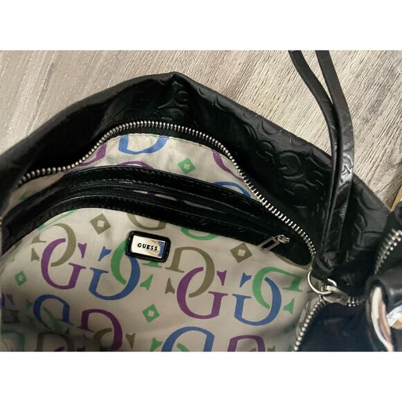 Guess Black G Logo Embossed Hobo Shoulder Bag Rhinestones Silver Plaque - Picture 5 of 7